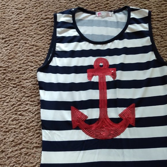 Vogue Fashion Stretchy Sequin Nautical Anchor Striped Maxi Dress Large USA - Picture 2 of 10